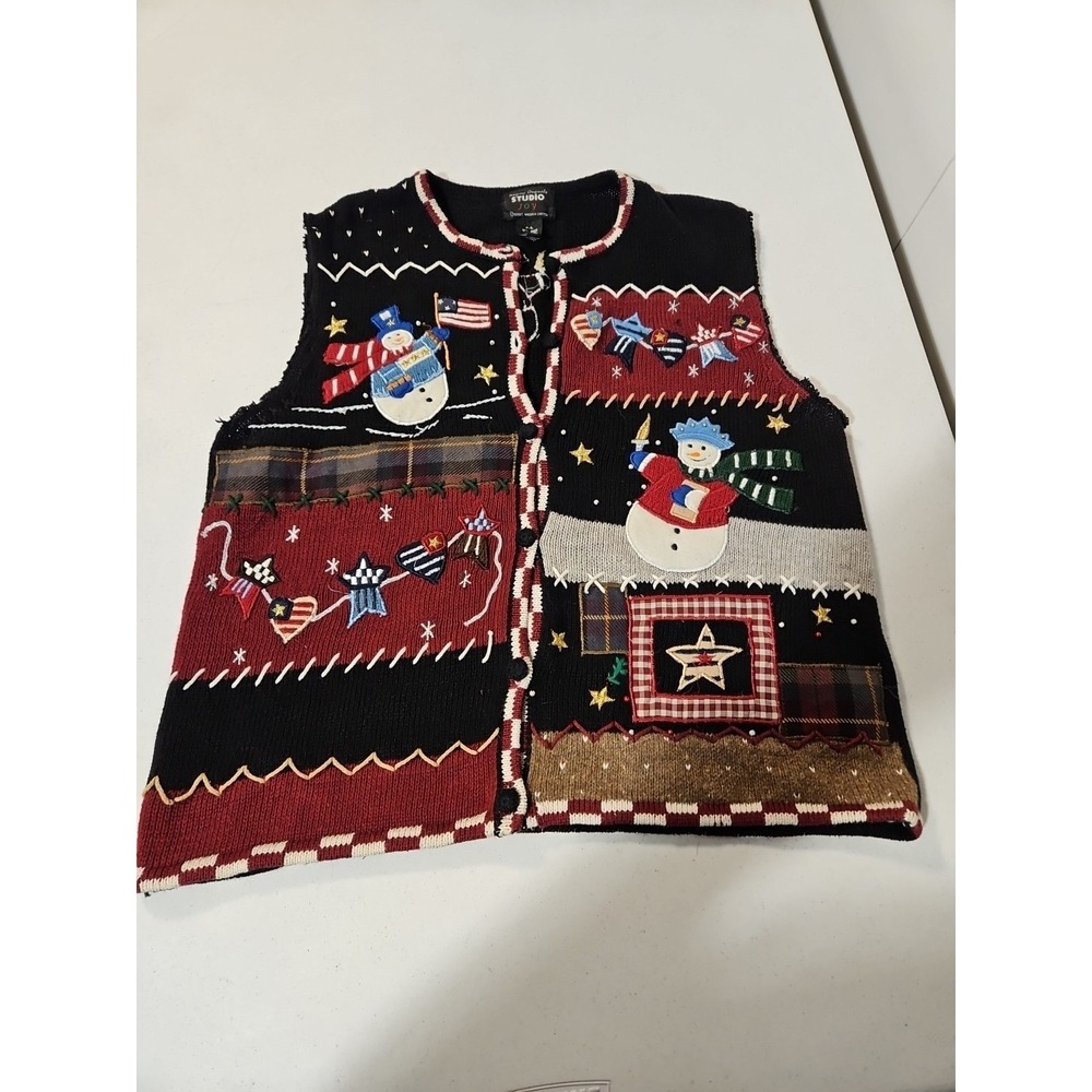 Christmas Sweater Knit Vest Womens Large black Snowmen festive Full zip(1426